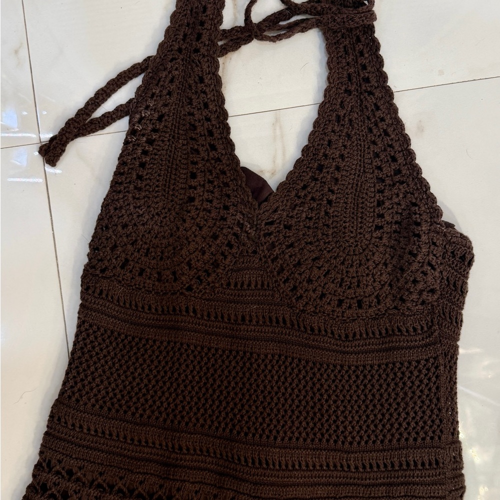 Women’s Crochet Halter Maxi Dress - Brown